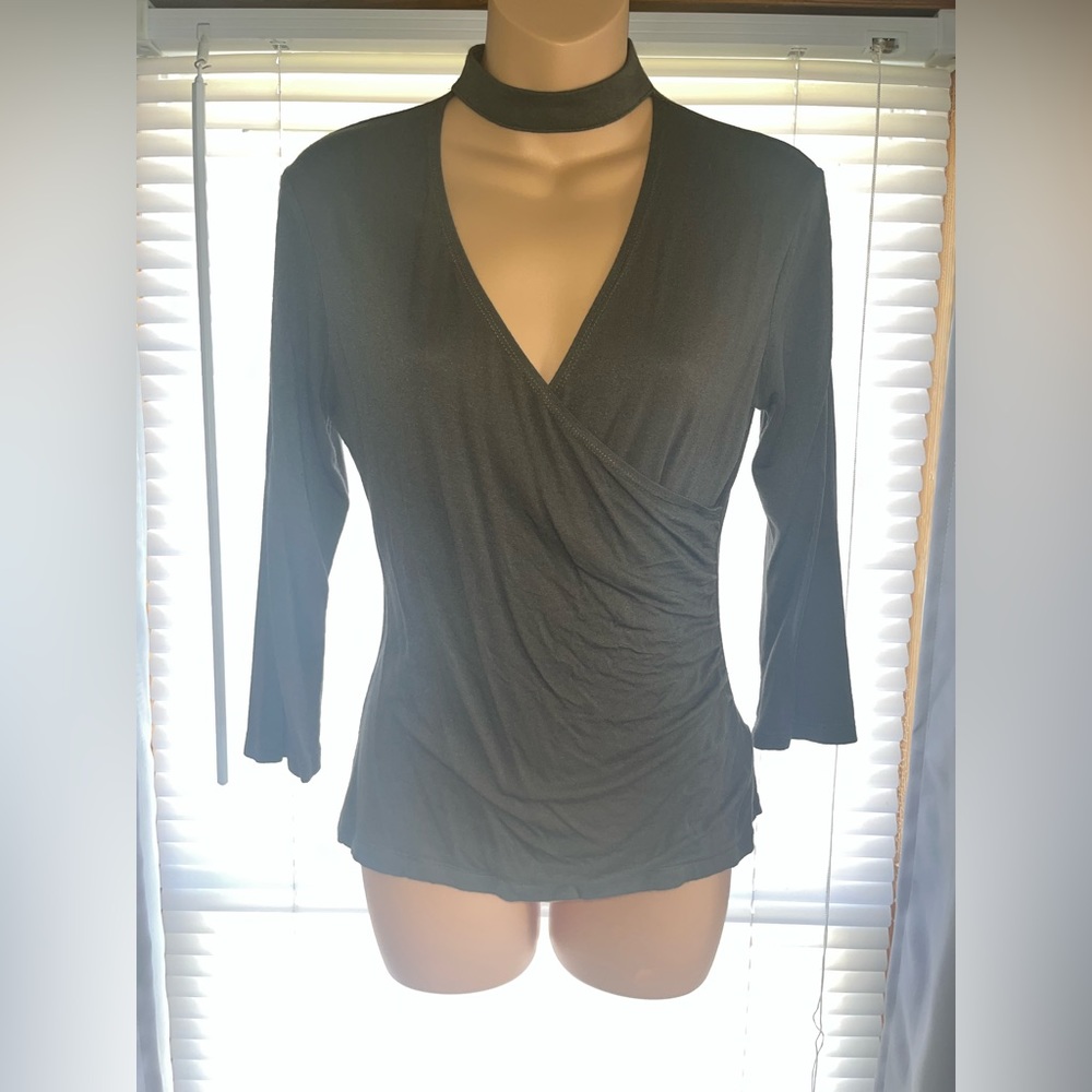 IZ Byer 3/4 Sleeve Olive Green Wrap Top with Choker